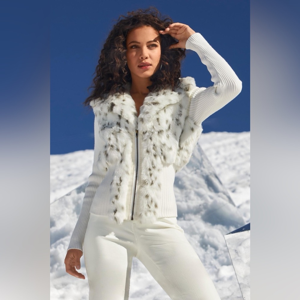 Boston Proper Snow Leopard Faux Fur Cardigan Sweater Sz L - Picture 5 of 17